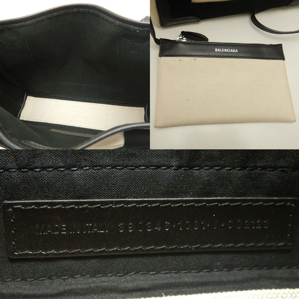 BALENCIAGA バレンシアガ ネイビーカバスXS 2WAY 390346 トートバッグ キャンバスxレザー アイボリー ブラック レディース /253199【中古】