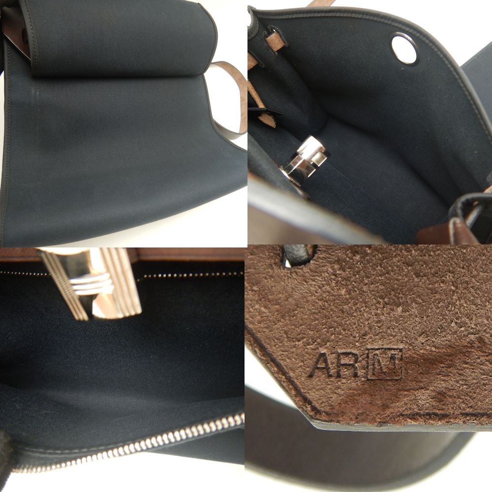 HERMES エルメス エールバッグジップPM ハンドバッグ トワルミリタリー ヴァッシュハンター コットンキャンバスxレザー ブラック ブラウン レディース /253246【中古】