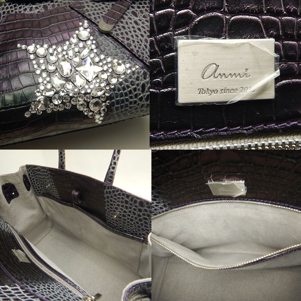 anmi アンミ デュエット 型押し ビジュー ハンドバッグ レザー パープル レディース /253369【中古】