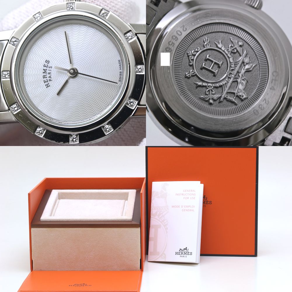腕時計 レディース HERMES エルメス クリッパー ナクレ 旧バックル CL4.230.215/3869 ベゼル12Pダイヤ ブレスダイヤ【磨き済/電池交換済】 ステンレススチール/40047【中古】