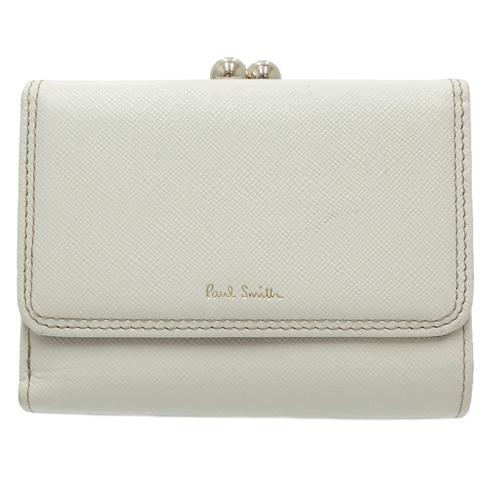 Paul Smith ポールスミス 二つ折り財布 コンパクトウォレットがま口 クロスグレイン レザー ホワイト/180617【中古】