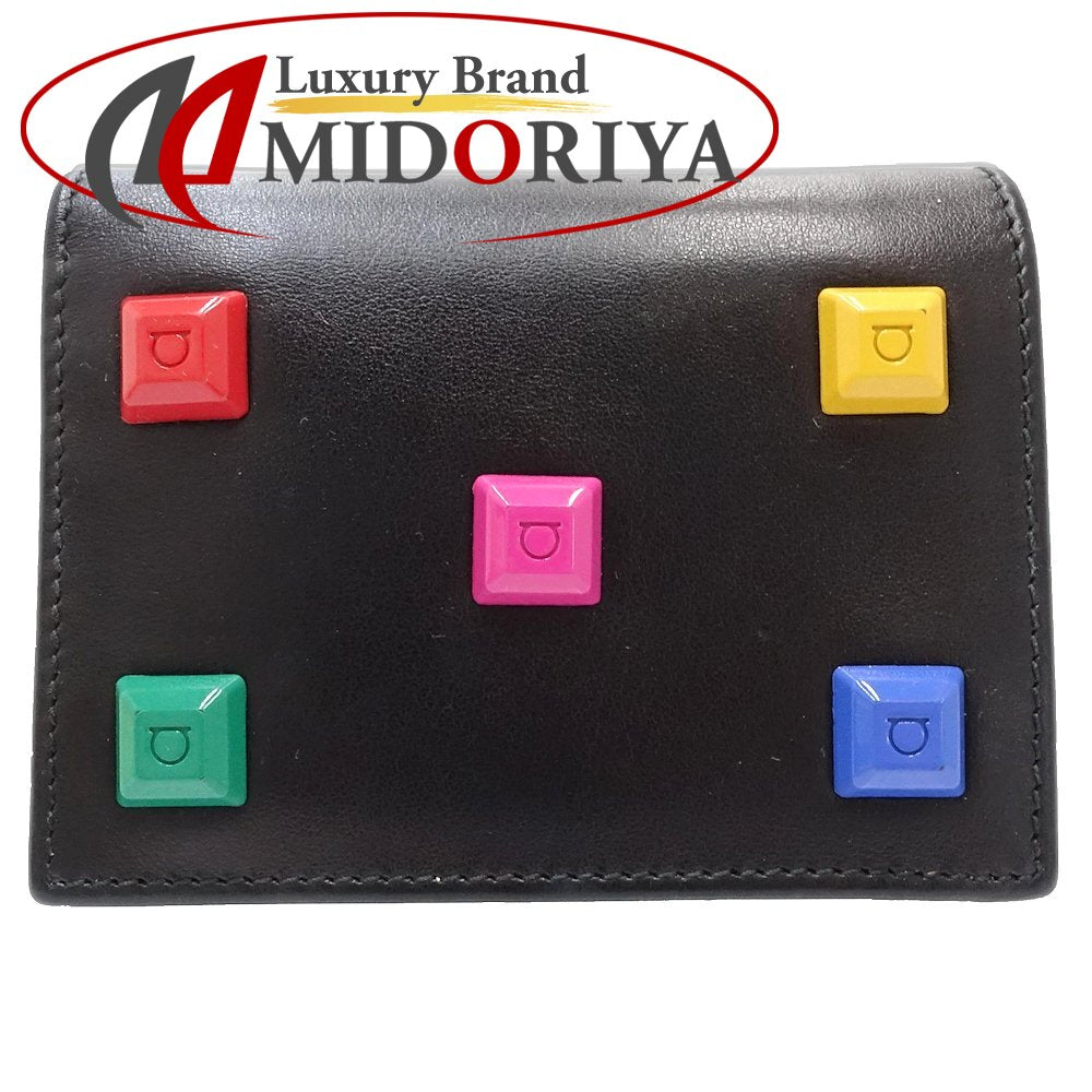Salvatore Ferragamo サルヴァトーレフェラガモ 二つ折り財布 JP-22-D570 マルチスタッズ コンパクトウォレット レザー ブラック マルチカラー/181242【中古】
