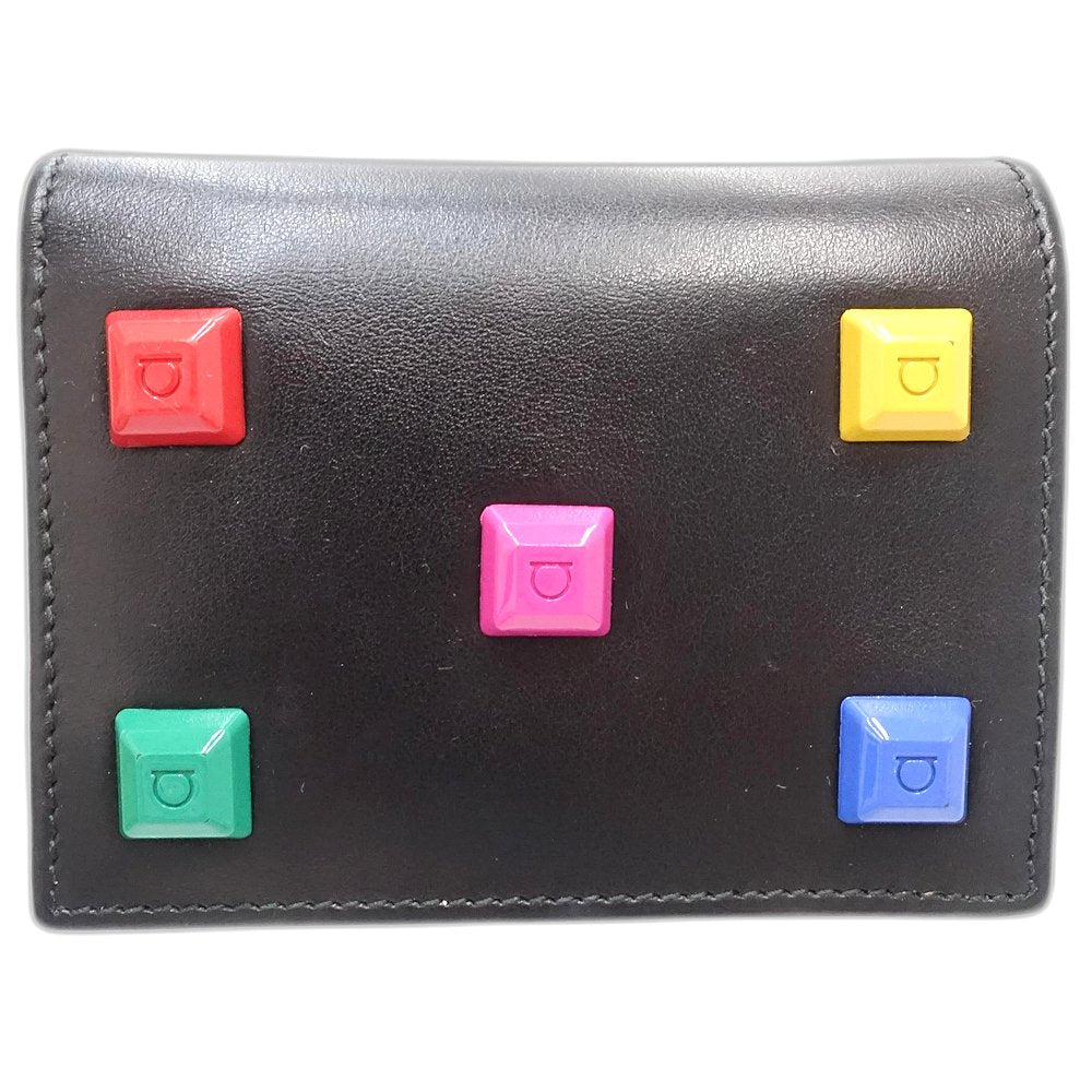 Salvatore Ferragamo サルヴァトーレフェラガモ 二つ折り財布 JP-22-D570 マルチスタッズ コンパクトウォレット レザー ブラック マルチカラー/181242【中古】