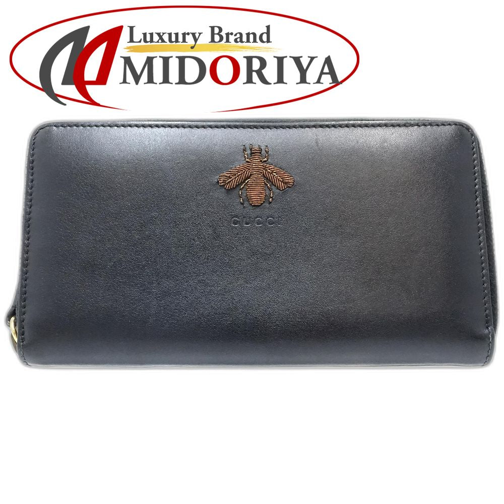 【中古】GUCCI グッチ 長財布 428747 ラウンドジップウォレット アニマリエBEE レザー ブラック レディース /181800