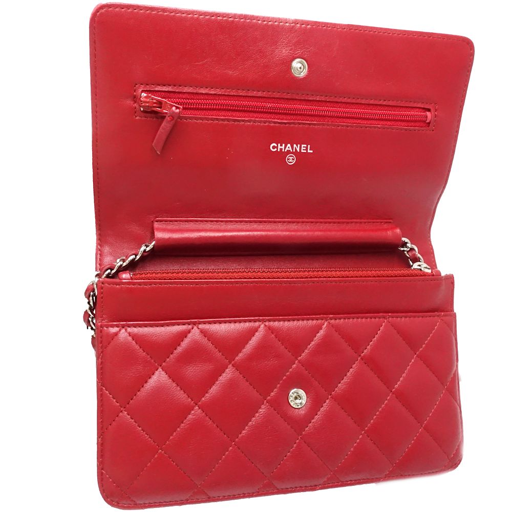 【中古】CHANEL シャネル ウォレットチェーン A33814 マトラッセ ショルダーバッグ ラムスキン レッド レディース /181803