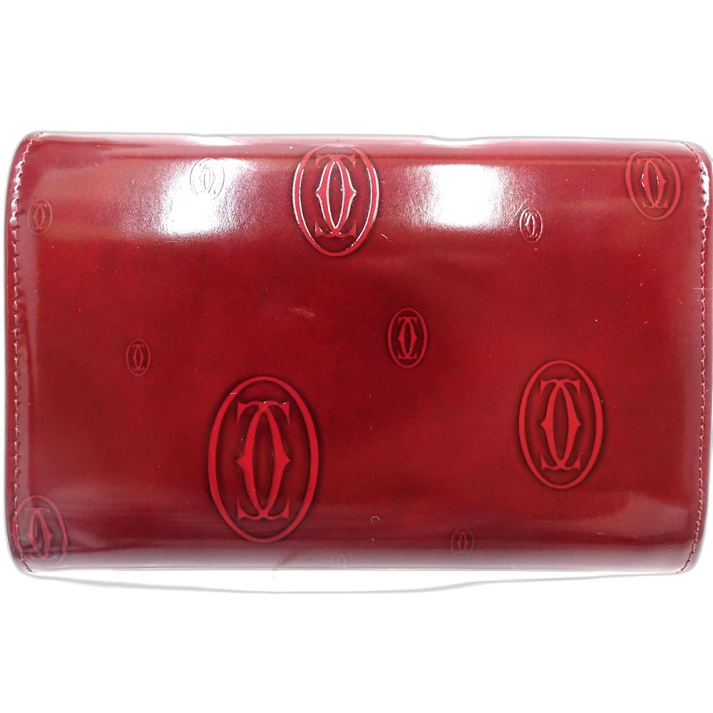 【中古】CARTIER カルティエ 二つ折り財布 ハッピーバースデー コンパクトフラップウォレット パテントレザー ボルドー レディース /181942