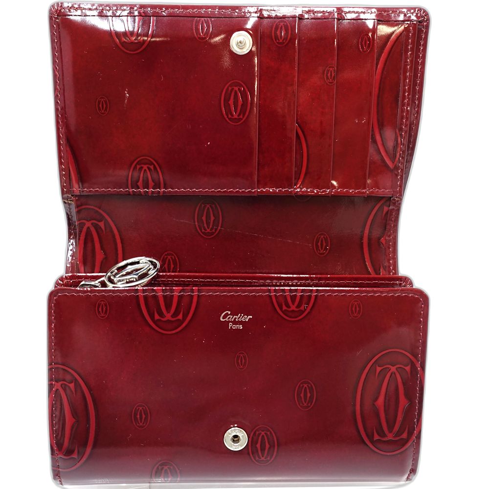【中古】CARTIER カルティエ 二つ折り財布 ハッピーバースデー コンパクトフラップウォレット パテントレザー ボルドー レディース /181942