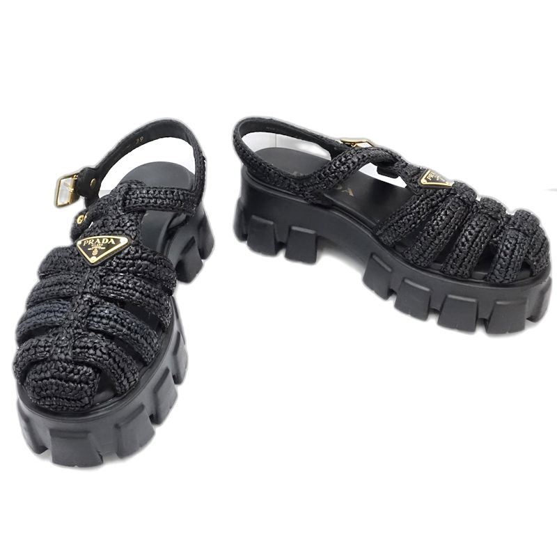 PRADA プラダ サンダル モノリスクロシェケージ サイズ39ビスコースxラバー NERO レディース/181980【中古】