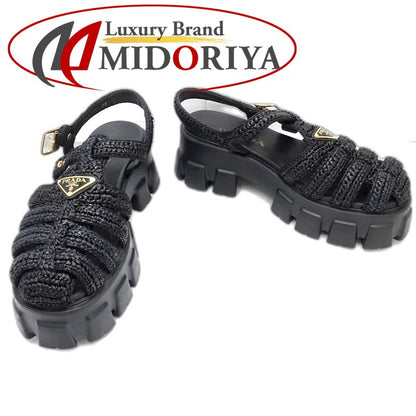 PRADA プラダ サンダル モノリスクロシェケージ サイズ39ビスコースxラバー NERO レディース/181980【中古】