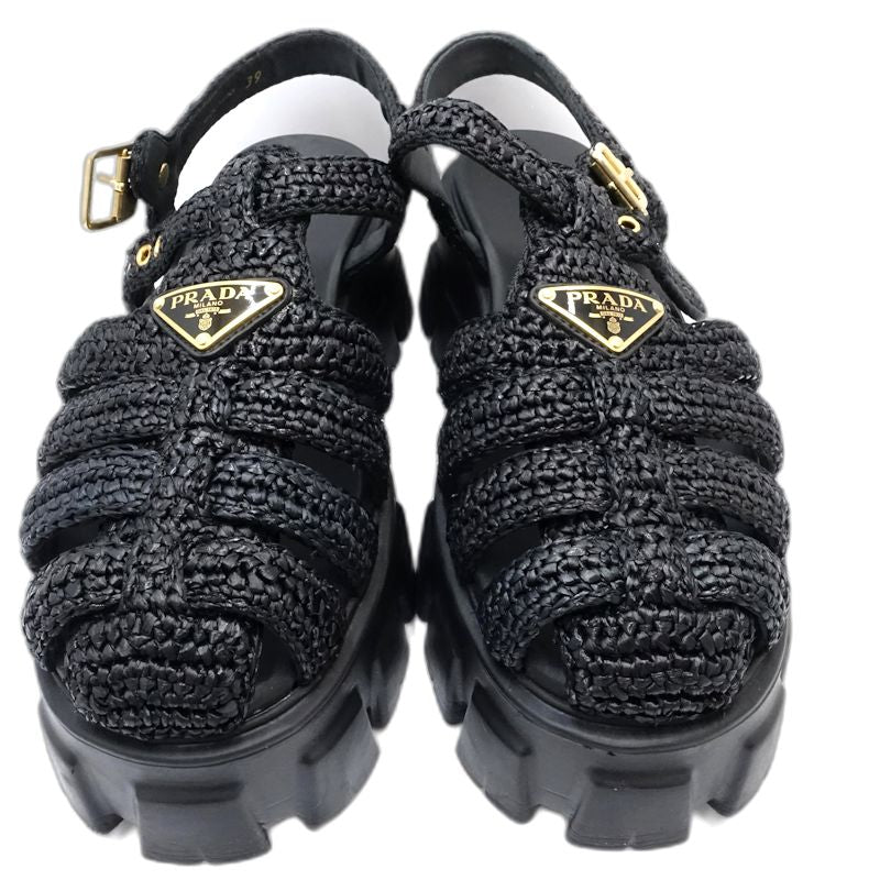 PRADA プラダ サンダル モノリスクロシェケージ サイズ39ビスコースxラバー NERO レディース/181980【中古】