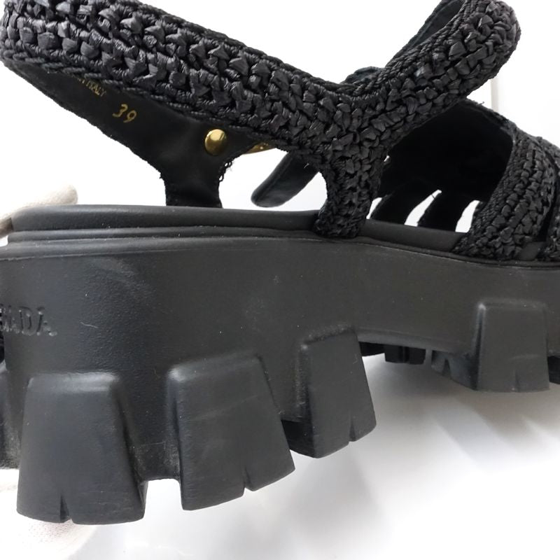 PRADA プラダ サンダル モノリスクロシェケージ サイズ39ビスコースxラバー NERO レディース/181980【中古】