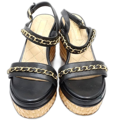 CHANEL シャネル サンダル ウェッジソール ココマーク G35643 サイズ37 レザー ブラック ベージュ レディース/181982【中古】