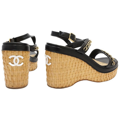 CHANEL シャネル サンダル ウェッジソール ココマーク G35643 サイズ37 レザー ブラック ベージュ レディース/181982【中古】