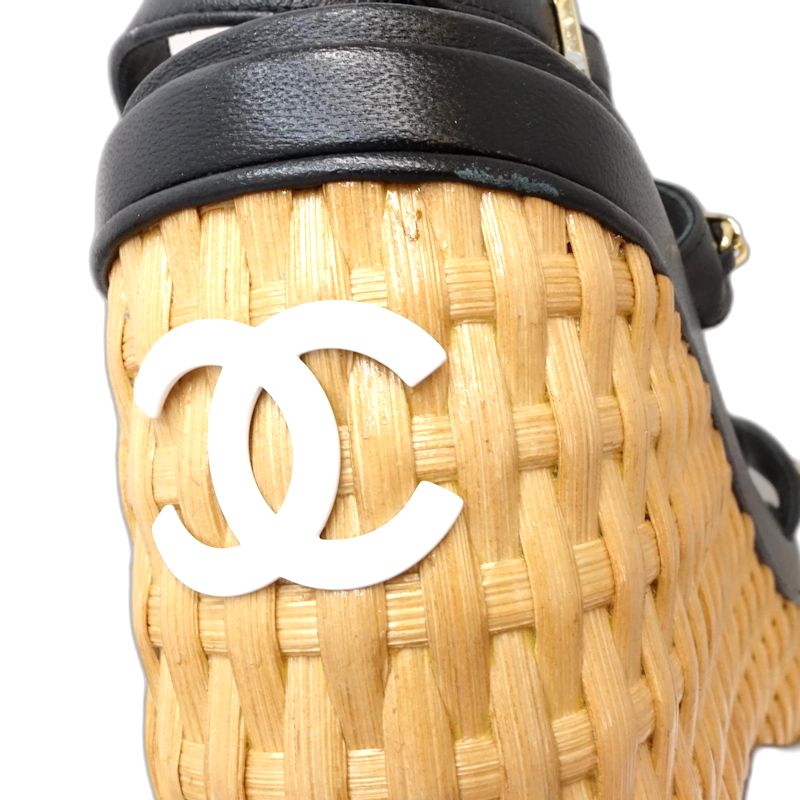 CHANEL シャネル サンダル ウェッジソール ココマーク G35643 サイズ37 レザー ブラック ベージュ レディース/181982【中古】