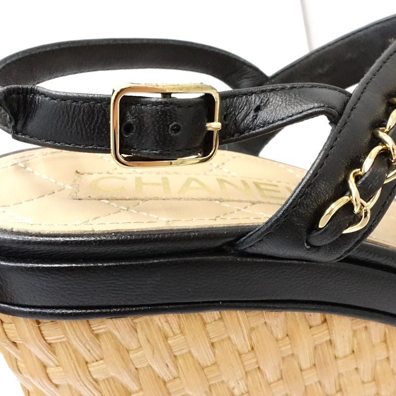 CHANEL シャネル サンダル ウェッジソール ココマーク G35643 サイズ37 レザー ブラック ベージュ レディース/181982【中古】