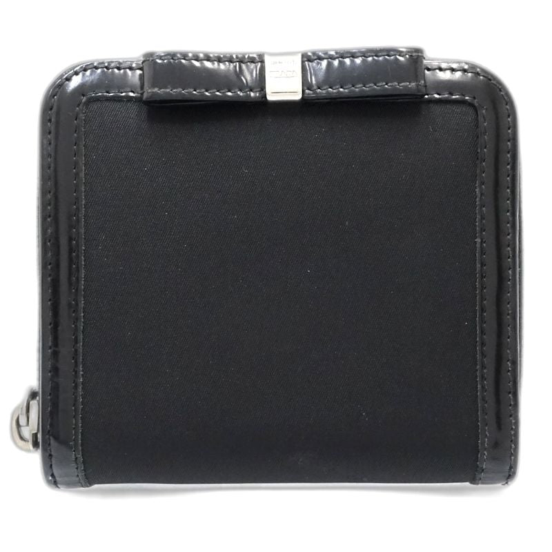 【中古】PRADA プラダ 二つ折り財布 リボン ナイロンxレザー ブラック レディース /181991