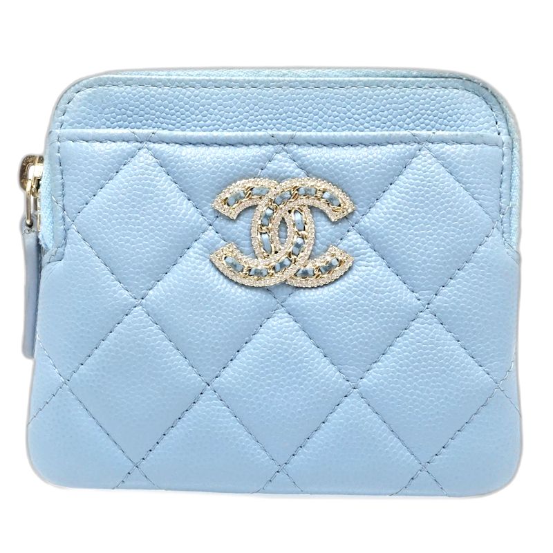 【中古】CHANEL シャネル コインケース AP2741 ジップコインパース ココマーク キャビアスキン ライトブルー レディース /181996