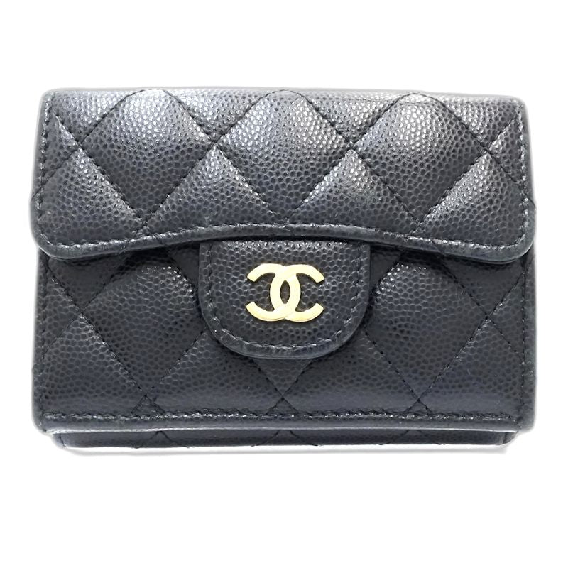 【中古】CHANEL シャネル 三つ折り財布 AP0230 スモールフラップウォレット タイムレスクラシックライン キャビアスキン ブラック レディース /181997