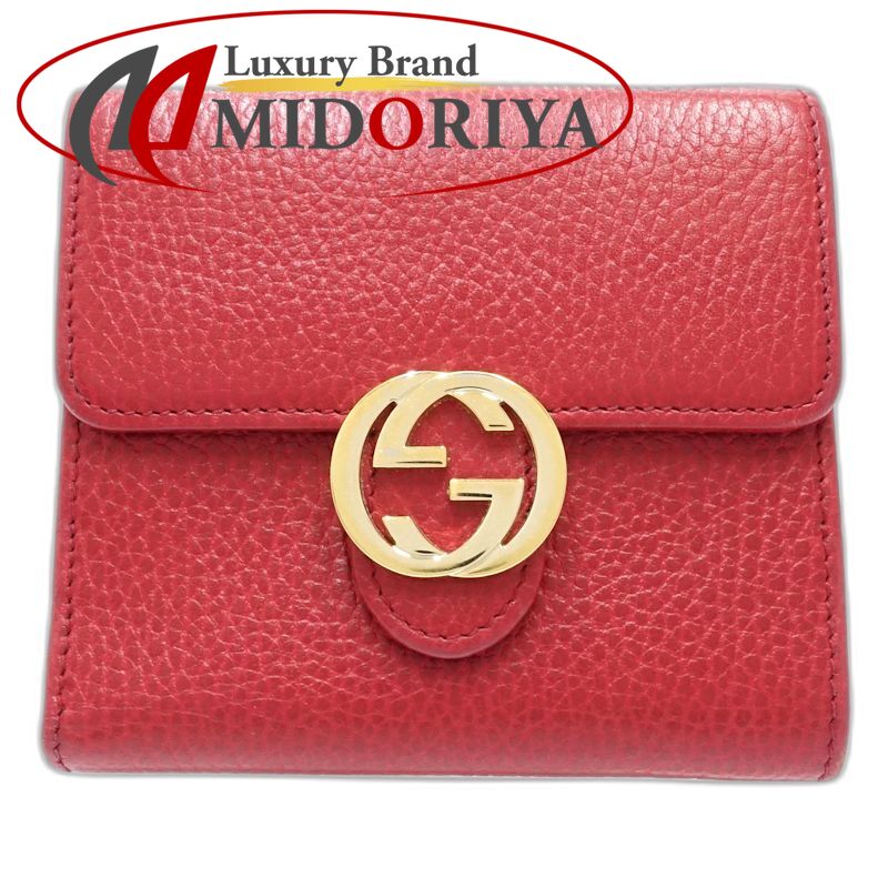 【中古】GUCCI グッチ 二つ折り財布 615525 インターロッキングG コンパクトウォレット レザー レッド レディース /182001