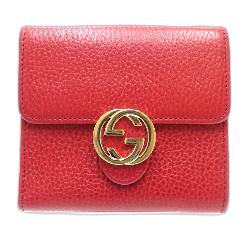 【中古】GUCCI グッチ 二つ折り財布 615525 インターロッキングG コンパクトウォレット レザー レッド レディース /182001