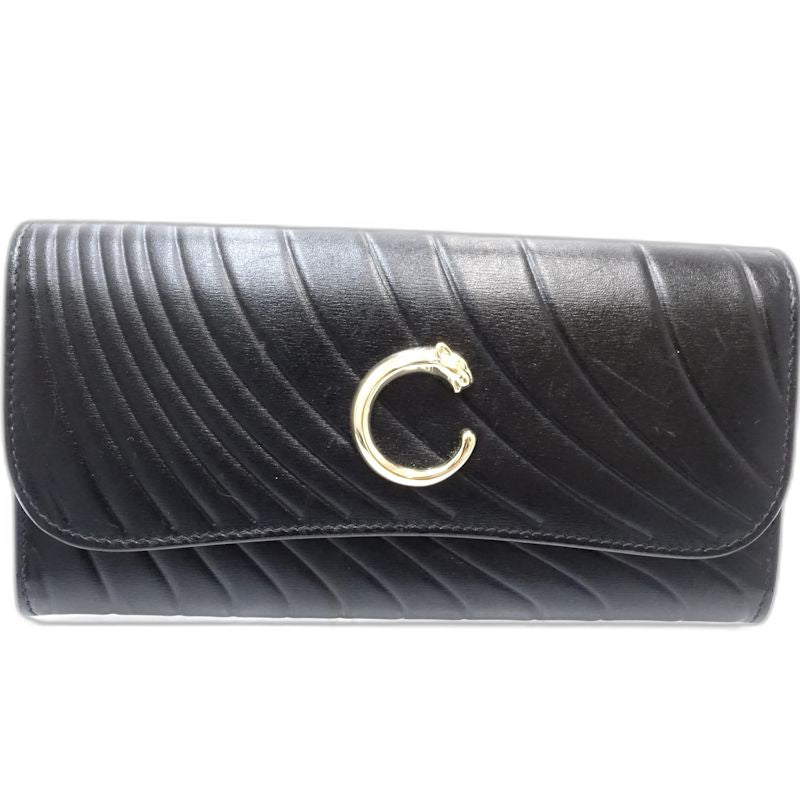 【中古】CARTIER カルティエ 長財布 インターナショナル ウォレット パンテール C ドゥ レザー ブラック レディース /182005