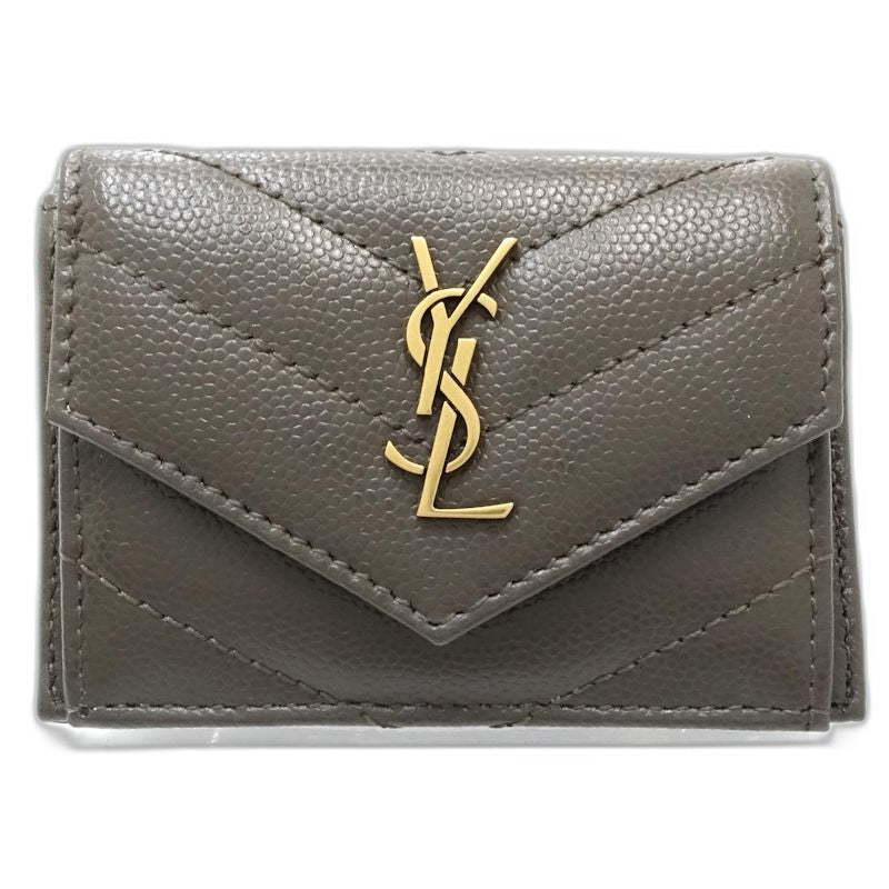 【中古】SAINT LAURENT サンローラン 三つ折り財布 602791 モノグラム マルチフォールドウォレット Vステッチ レザー ダークグレー レディース /182006