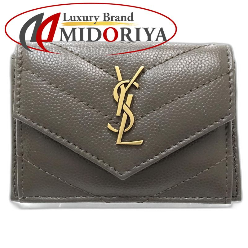 【中古】SAINT LAURENT サンローラン 三つ折り財布 602791 モノグラム マルチフォールドウォレット Vステッチ レザー ダークグレー レディース /182006