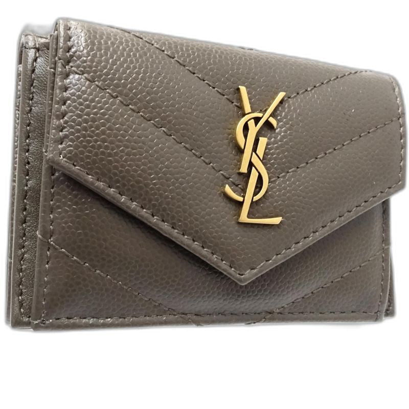 【中古】SAINT LAURENT サンローラン 三つ折り財布 602791 モノグラム マルチフォールドウォレット Vステッチ レザー ダークグレー レディース /182006