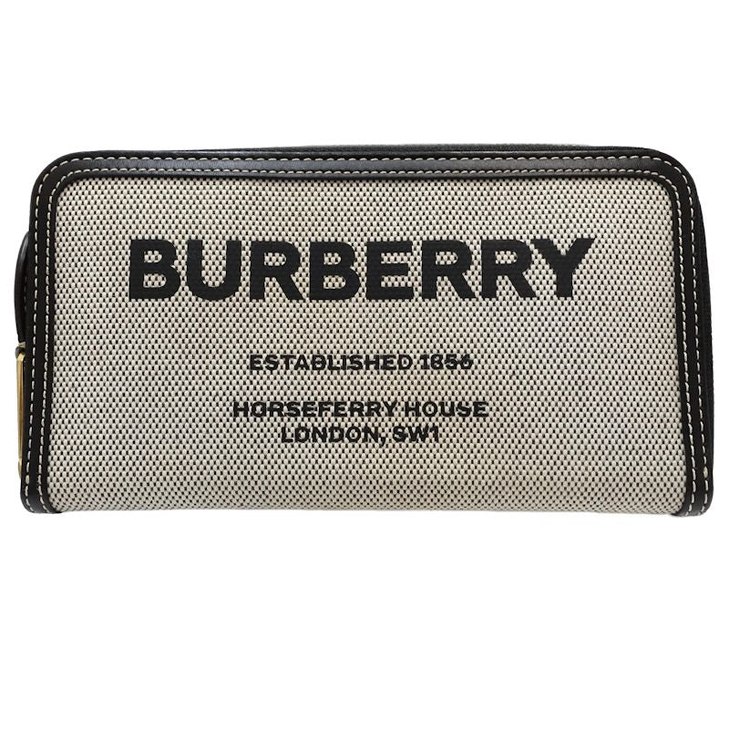 【中古】BURBERRY バーバリー 長財布 ラウンドファスナー キャンバスxレザー ブラック ホワイト レディース /182027