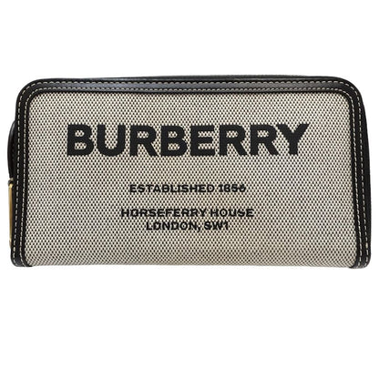 【中古】BURBERRY バーバリー 長財布 ラウンドファスナー キャンバスxレザー ブラック ホワイト レディース /182027