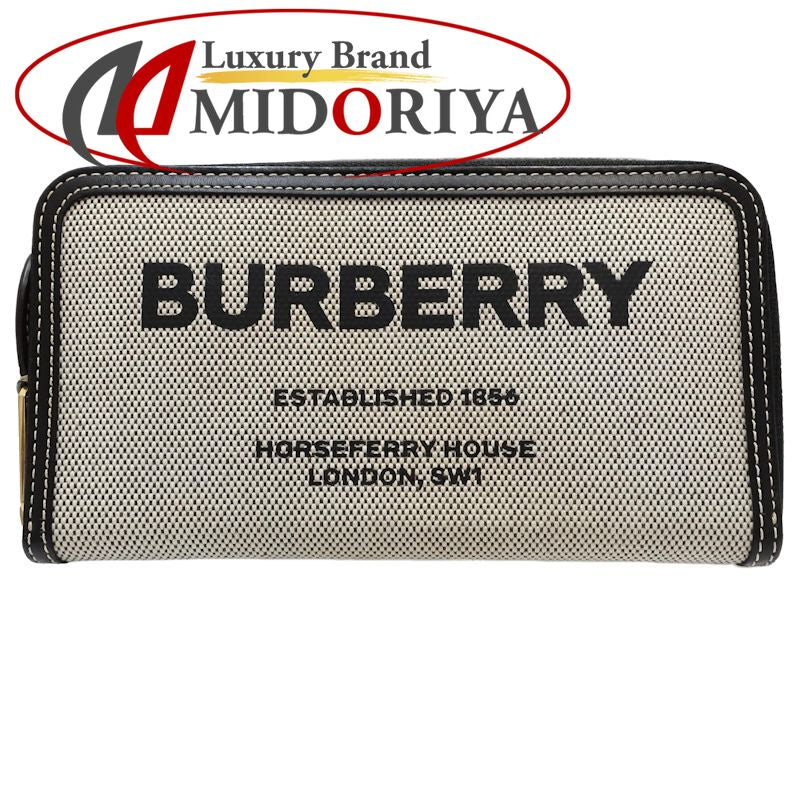 【中古】BURBERRY バーバリー 長財布 ラウンドファスナー キャンバスxレザー ブラック ホワイト レディース /182027