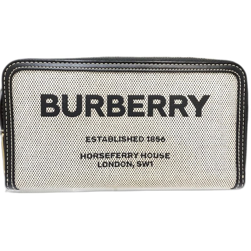【中古】BURBERRY バーバリー 長財布 ラウンドファスナー キャンバスxレザー ブラック ホワイト レディース /182027