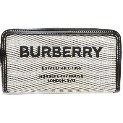 【中古】BURBERRY バーバリー 長財布 ラウンドファスナー キャンバスxレザー ブラック ホワイト レディース /182027