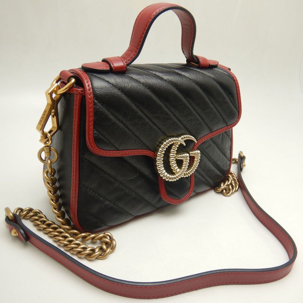 GUCCI グッチ ミニトップハンドルバッグ 583571 ハンドバッグ GGマーモント キルティングスモール レザー ブラック レッド レディース/250811【中古】