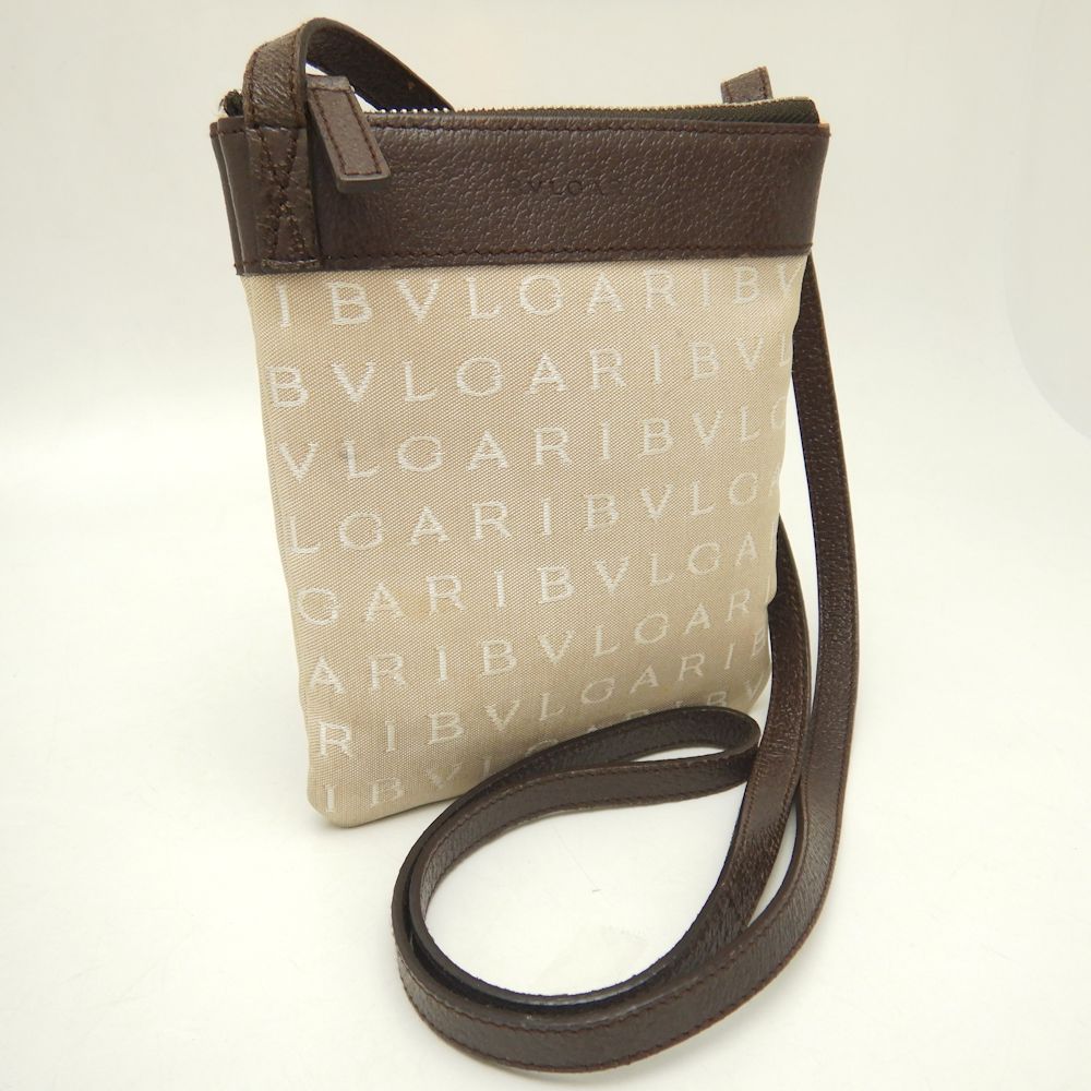 BVLGARI ブルガリ ポシェット 22588 ショルダーバッグ ロゴマニア キャンバスxレザー ベージュ ダークブラウン/251709【中古】