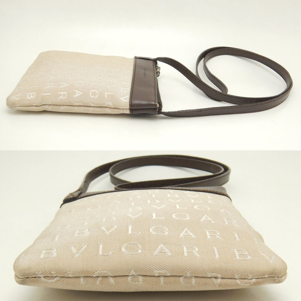 BVLGARI ブルガリ ポシェット 22588 ショルダーバッグ ロゴマニア キャンバスxレザー ベージュ ダークブラウン/251709【中古】
