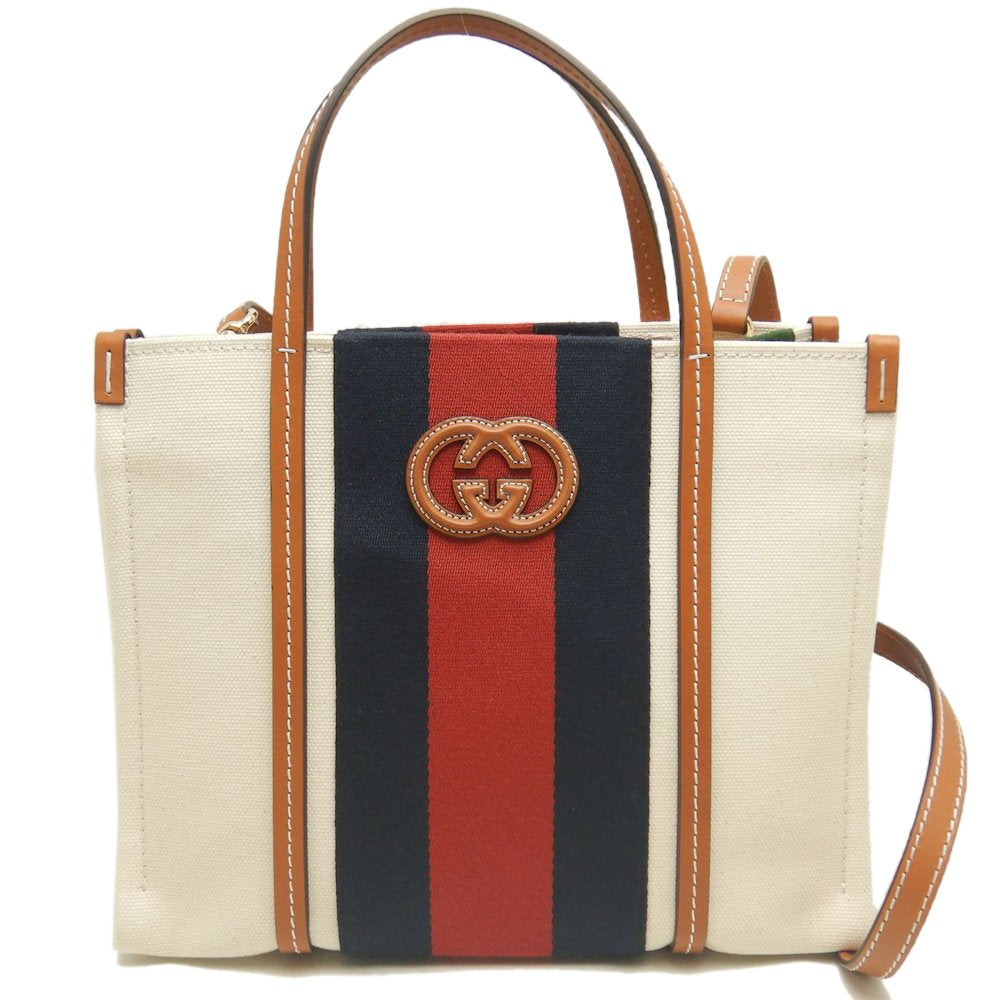 GUCCI グッチ スモールトート 727728 トートバッグ インターロッキングG 2WAY キャンバス アイボリー ブラウン/252921【中古】