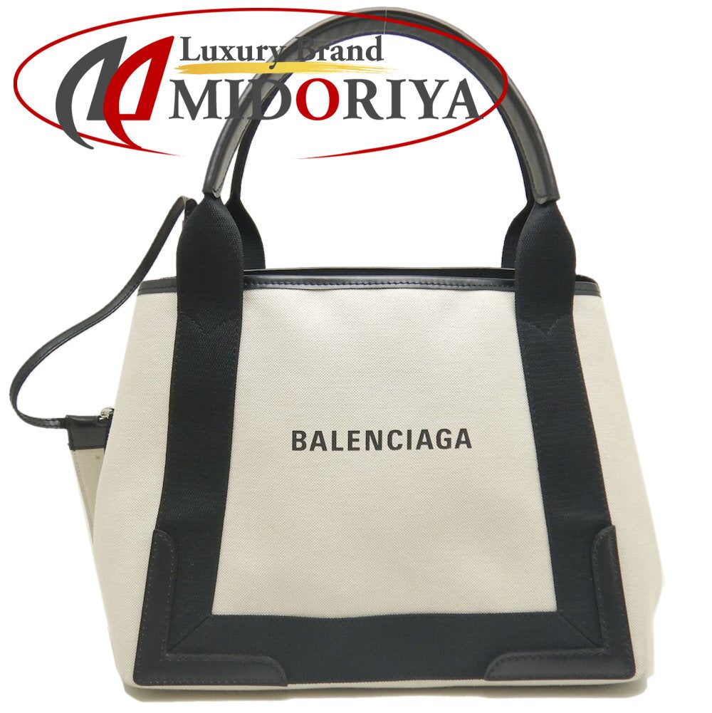 BALENCIAGA バレンシアガ ネイビ－カバスS 339933 トートバッグ キャンバスxレザー アイボリー ブラック/253003【中古】