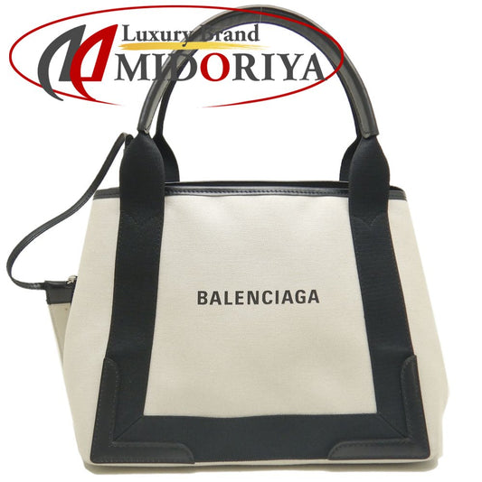 BALENCIAGA バレンシアガ ネイビ－カバスS 339933 トートバッグ キャンバスxレザー アイボリー ブラック/253003【中古】