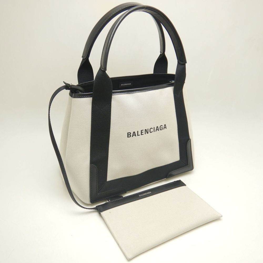 BALENCIAGA バレンシアガ ネイビ－カバスS 339933 トートバッグ キャンバスxレザー アイボリー ブラック/253003【中古】