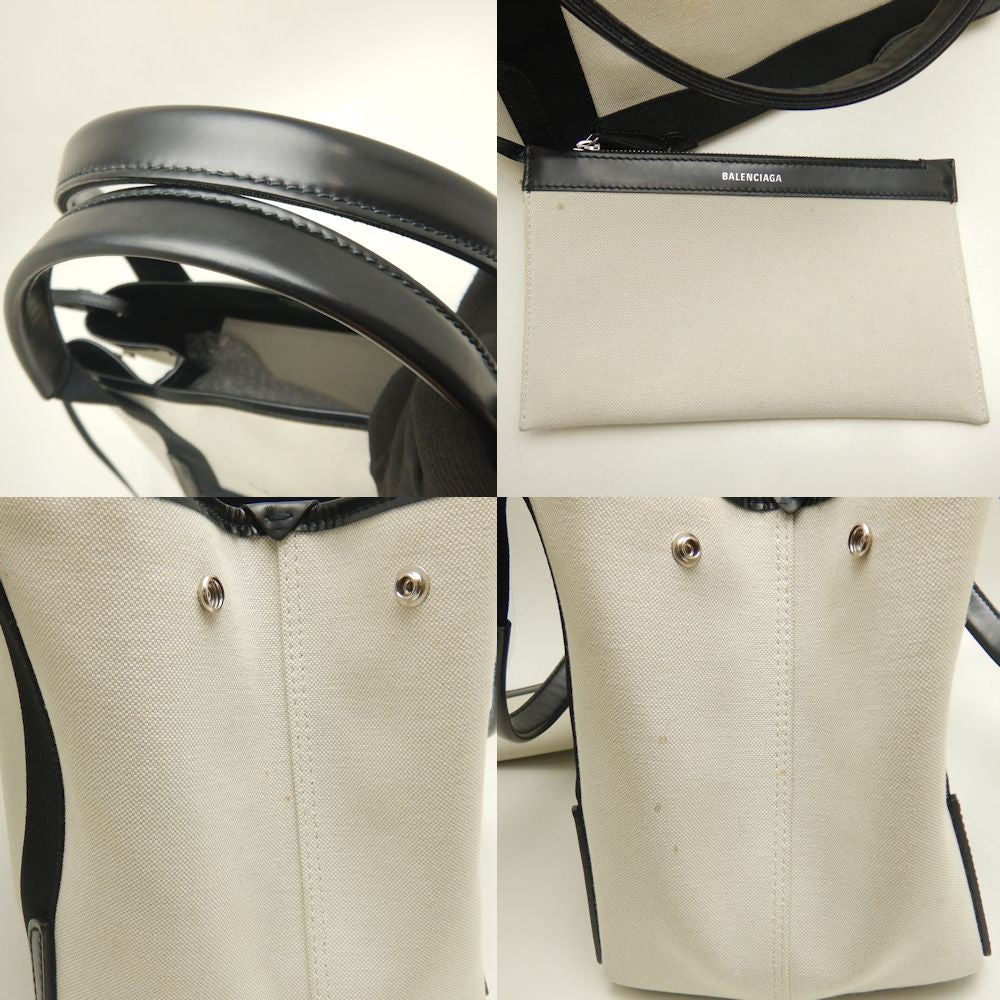 BALENCIAGA バレンシアガ ネイビ－カバスS 339933 トートバッグ キャンバスxレザー アイボリー ブラック/253003【中古】