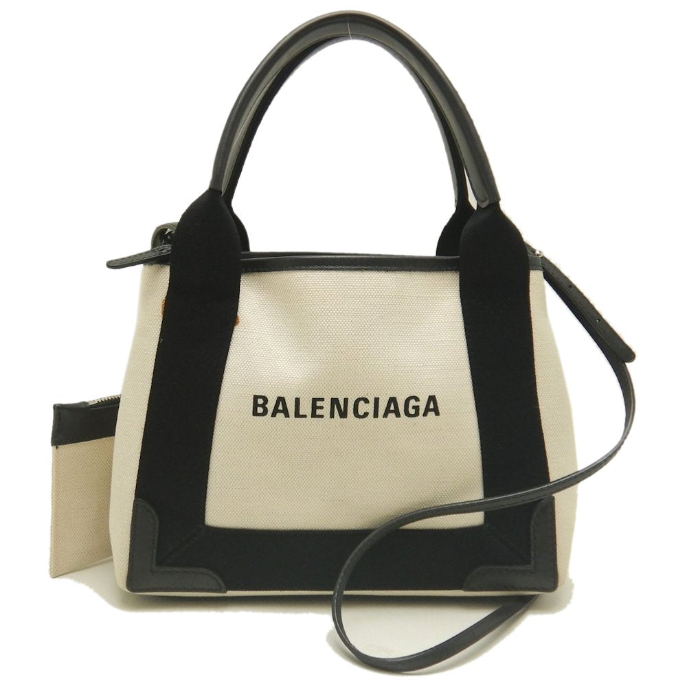BALENCIAGA バレンシアガ ネイビーカバスXS 2WAY 390346 トートバッグ キャンバスxレザー アイボリー ブラック レディース /253199【中古】