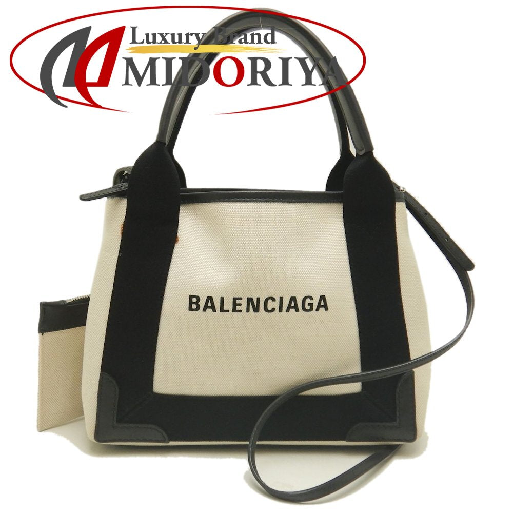 BALENCIAGA バレンシアガ ネイビーカバスXS 2WAY 390346 トートバッグ キャンバスxレザー アイボリー ブラック レディース /253199【中古】