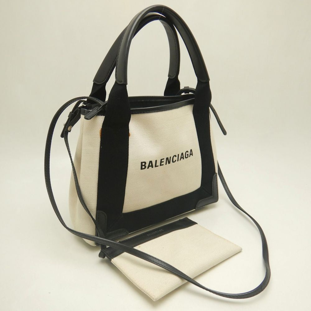 BALENCIAGA バレンシアガ ネイビーカバスXS 2WAY 390346 トートバッグ キャンバスxレザー アイボリー ブラック レディース /253199【中古】