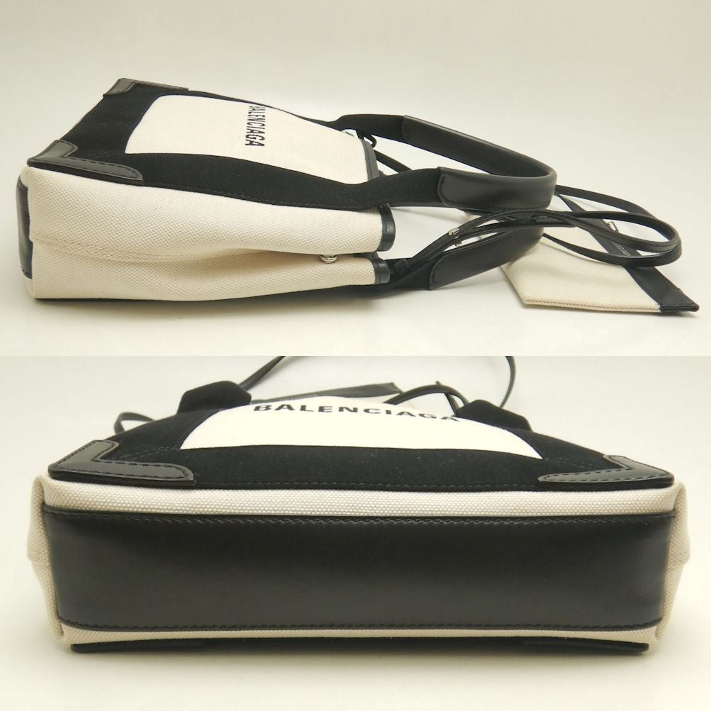 BALENCIAGA バレンシアガ ネイビーカバスXS 2WAY 390346 トートバッグ キャンバスxレザー アイボリー ブラック レディース /253199【中古】
