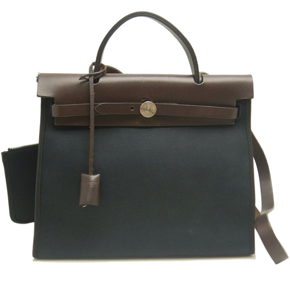 HERMES エルメス エールバッグジップPM ハンドバッグ トワルミリタリー ヴァッシュハンター コットンキャンバスxレザー ブラック ブラウン レディース /253246【中古】