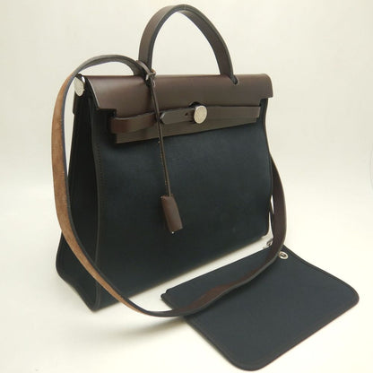 HERMES エルメス エールバッグジップPM ハンドバッグ トワルミリタリー ヴァッシュハンター コットンキャンバスxレザー ブラック ブラウン レディース /253246【中古】