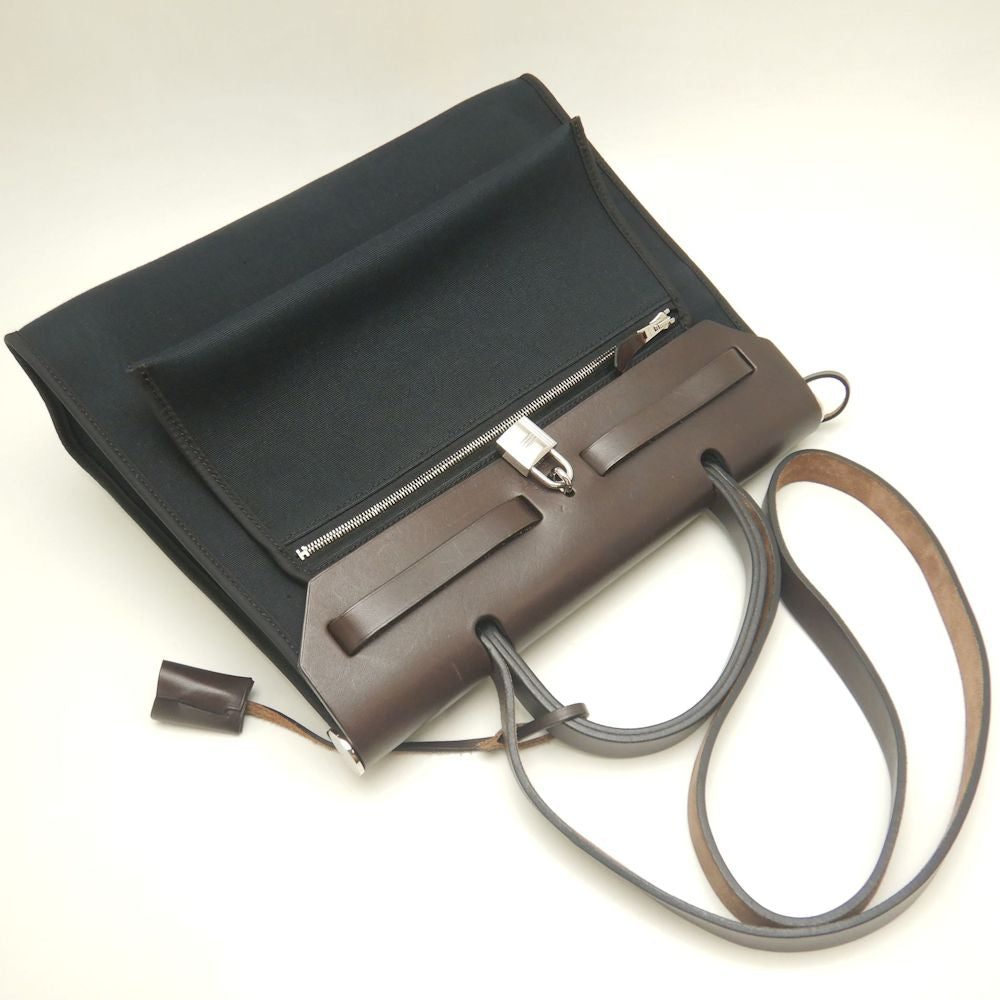 HERMES エルメス エールバッグジップPM ハンドバッグ トワルミリタリー ヴァッシュハンター コットンキャンバスxレザー ブラック ブラウン レディース /253246【中古】