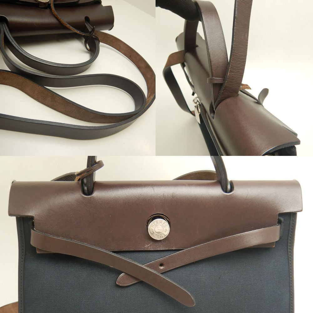HERMES エルメス エールバッグジップPM ハンドバッグ トワルミリタリー ヴァッシュハンター コットンキャンバスxレザー ブラック ブラウン レディース /253246【中古】