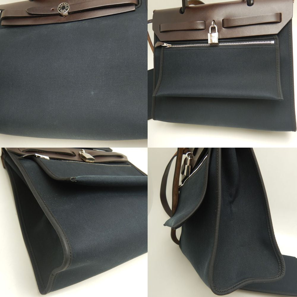 HERMES エルメス エールバッグジップPM ハンドバッグ トワルミリタリー ヴァッシュハンター コットンキャンバスxレザー ブラック ブラウン レディース /253246【中古】